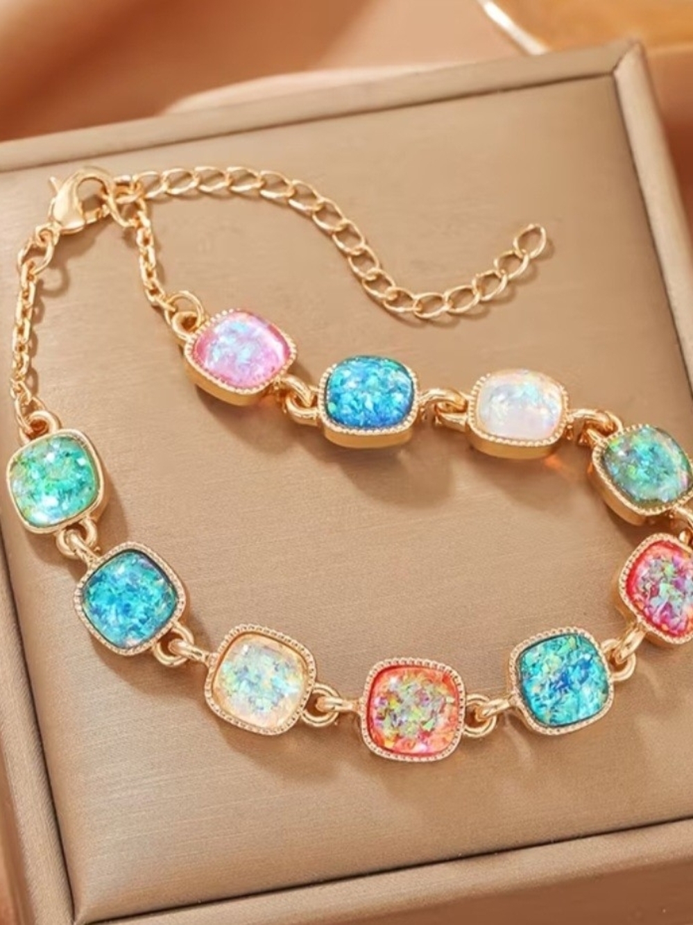 Gold-Tone Multicolor Opal Bracelet — Blue, Pink & Green Stones